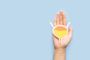 Woman hands holding bladder organ shape made from paper on light blue background.