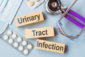 Urinary Tract Infection Concept Displayed With Wooden Blocks and Medical Equipment.